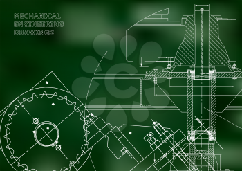 Blueprints. Mechanical drawings. Engineering illustrations. Technical Design. Banner. Green background