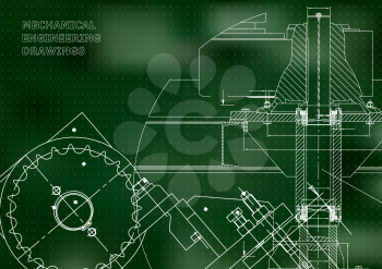 Blueprints. Mechanical drawings. Engineering illustrations. Technical Design. Banner. Green background. Grid
