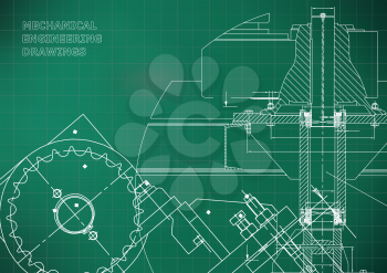 Blueprints. Mechanical drawings. Engineering illustrations. Technical Design. Banner. Light green background. Grid