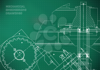 Blueprints. Mechanical drawings. Engineering illustrations. Technical Design. Banner. Light green background. Points