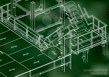 Building. Metal constructions. Volumetric constructions. 3D design. Abstract backgrounds. Green background. Points