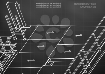 Building. Metal constructions. Volumetric constructions. 3D design. Black background. Grid