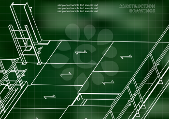 Building. Metal constructions. Volumetric constructions. 3D design. Green background. Grid