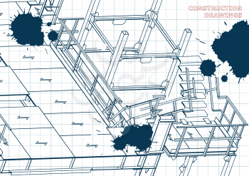 Building. Metal constructions. Volumetric constructions. 3D. Draft. Ink. Blots