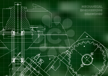 Engineering backgrounds. Mechanical engineering drawings. Cover. Technical Design. Blueprints. Green background. Grid