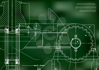 Engineering illustrations. Blueprints. Mechanical drawings. Technical Design. Banner. Green background