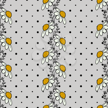Floral seamless background. Chamomile officinalis. Sprigs, leaves. Background in polka dots. Light gray background