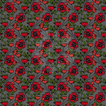Floral seamless pattern. Red and pink inflorescences. Sprigs of flowers on a gray background