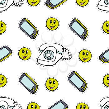Kids, Cartoon seamless pattern. Lovely pictures for your creativity. Textiles, cartoon background. Mobile phone, old phone, emoticons