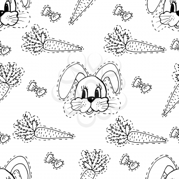 Kids, Cartoon seamless pattern. Lovely pictures for your creativity. Textiles. Hare, rabbit, carrot, bows