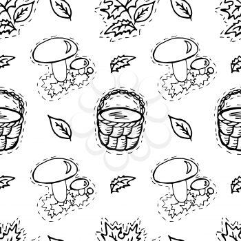 Kids, Cartoon seamless pattern. Skarpbuking. Textiles, cartoon background. Mushrooms, leaves, autumn leaves, pottle