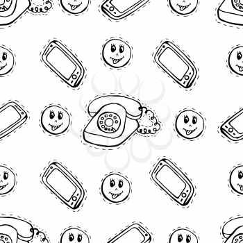 Kids, Cartoon seamless pattern. Textiles, cartoon background. Mobile phone, old phone, emoticons
