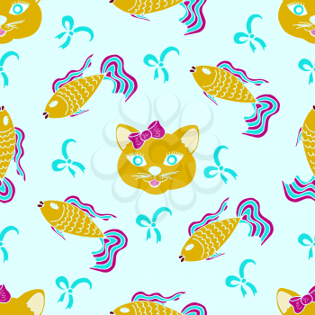 Kids, Original color drawings. Skarpbuking. Textiles, blue cartoon background. Cat, kitty, fish, goldfish, bows