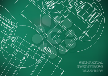 Mechanical Engineering drawing. Blueprints. Mechanics. Cover. Engineering design, instrumentation. Light green background