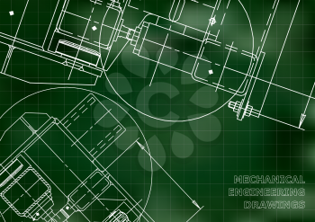 Mechanical Engineering drawing. Blueprints. Mechanics. Cover. Green background. Grid
