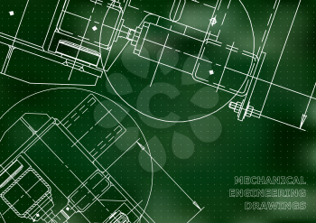 Mechanical Engineering drawing. Blueprints. Mechanics. Cover. Green background. Points
