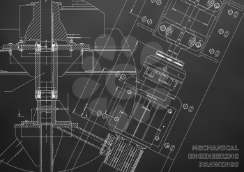 Mechanical engineering drawings. Technical Design. Blueprints. Black background