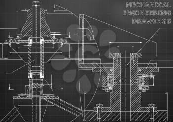 Mechanical engineering. Technical illustration. Backgrounds of engineering subjects. Technical design. Instrument making. Black background. Grid