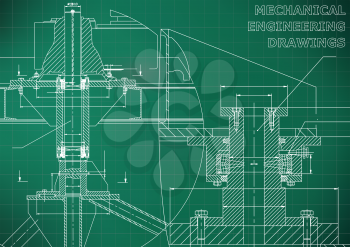 Mechanical engineering. Technical illustration. Backgrounds of engineering subjects. Technical design. Instrument making. Light green background. Grid
