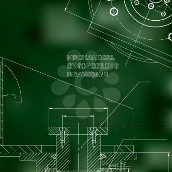 Mechanics. Technical design. Engineering style. Mechanical instrument making. Cover. Green background