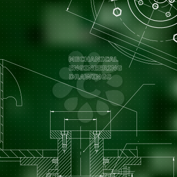 Mechanics. Technical design. Engineering style. Mechanical instrument making. Cover. Green background. Points
