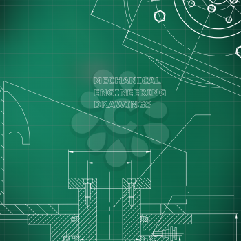Mechanics. Technical design. Engineering style. Mechanical instrument making. Cover. Light green background. Grid