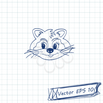 Style of children's drawing. Doodle drawing on a sheet of notebook. Raccoon. Contour