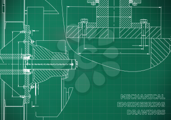 Technical illustration. Mechanical engineering. Backgrounds of engineering subjects. Light green background. Grid