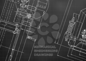 Blueprint, Sketch. Vector engineering illustration. Cover, flyer, banner, background. Instrument-making drawings. Mechanical engineering drawing. Technical illustration. Black background. Grid