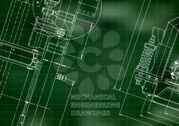 Blueprint, Sketch. Vector engineering illustration. Cover, flyer, banner, background. Instrument-making drawings. Mechanical engineering drawing. Technical illustration. Green background. Grid