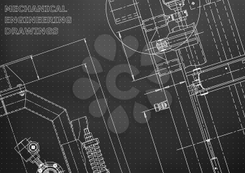 Blueprint, Sketch. Vector engineering illustration. Cover, flyer, banner, background. Instrument-making drawings. Mechanical engineering drawing. Technical illustrations, backgrounds. Scheme, plan. Black background. Point