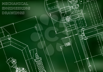 Blueprint, Sketch. Vector engineering illustration. Cover, flyer, banner, background. Instrument-making drawings. Mechanical engineering drawing. Technical illustrations, backgrounds. Scheme, plan. Green background