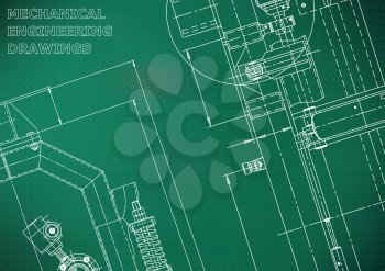 Blueprint, Sketch. Vector engineering illustration. Cover, flyer, banner, background. Instrument-making drawings. Mechanical engineering drawing. Technical illustrations, backgrounds. Scheme, plan. Light green. Point