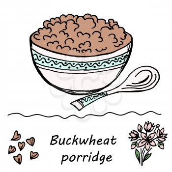 Card, flyer, banner. Stylish illustration, logo. Buckwheat. Useful food. Flowers and grains of buckwheat