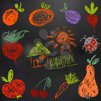 Child drawing with chalk on a black board. Apricot, orange, plum, radish, beetroot, house, fence, sun ladybug apple cherry carrot pear