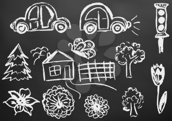 Child drawing with white chalk on a black board. Design elements of packaging, postcards, wraps, covers. Sweet children's creativity. Cars, traffic light, tree, tree, butterfly, house, fence, flowers, tulip