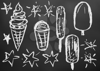 Child drawing with white chalk on a black board. Design elements of packaging, postcards, wraps, covers. Sweet children's creativity. Ice cream, sweets, summer, stars