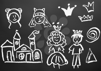 Child drawing with white chalk on a black board. Design elements of packaging, postcards, wraps, covers. Sweet children's creativity. Spiral, triangle, faces, crown, prince, princess, castle, flags