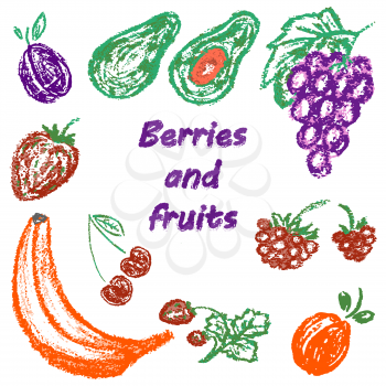 Children's drawing colored crayons. Bright beautiful fruits. Tasty and healthy. Plum, avocado, grapes, raspberries, strawberries, cherries, strawberries, banana, apricots