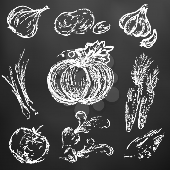 Children's drawing of white chalk on a black board. Bright beautiful vegetables. Tasty and healthy. Onions, potatoes, garlic, pumpkin, carrots, peas, tomato, radish
