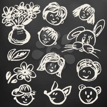 Children's drawings. Elements for the design of postcards, backgrounds, packaging. Chalk on a blackboard. Persons, children, hare, bear, fox, flowers