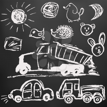 Children's drawings. Elements for the design of postcards, backgrounds, packaging. Chalk on a blackboard. Truck with sand, cars, sun, faces