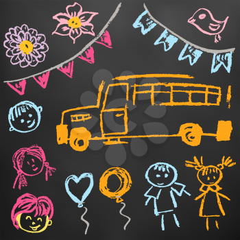 Children's drawings. Elements for the design of postcards, backgrounds, packaging. Color chalk on a blackboard. School bus, children, persons, flags