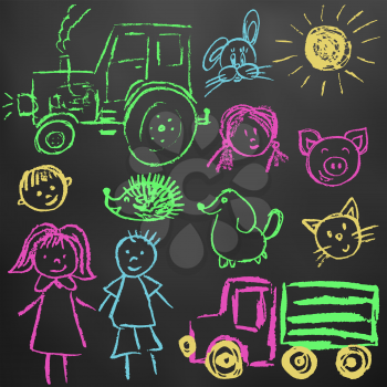 Children's drawings. Elements for the design of postcards, backgrounds, packaging. Color chalk on a blackboard. Tractor, truck, woman, man, sun, faces