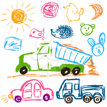 Children's drawings. Elements for the design of postcards, backgrounds, packaging. Printing for clothing. Truck with sand, cars, sun, faces