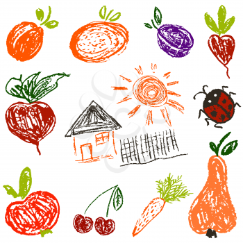 Children's drawing with colored wax crayons. Apricot, orange, plum, radish, beetroot, house, fence sun ladybug apple cherry carrot pear