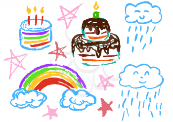 Children's drawing with colored wax crayons. Design elements of packaging, postcards, wraps, covers. Sweet children's creativity. Cake, candles, sweets, birthday, stars, clouds, rainbow, rain