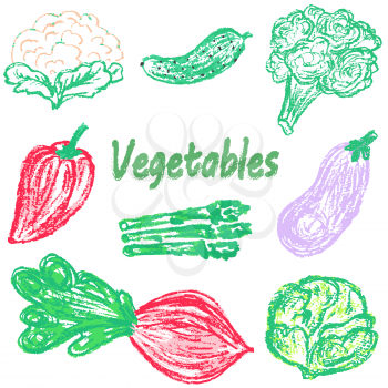 Children's drawing with colored wax crayons. Tasty vegetables. Useful pictures. Cauliflower, cucumber, broccoli, bell pepper, eggplant, white cabbage beetroot