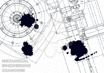 Cover. Vector engineering illustration. Blueprint, flyer, banner, background. Instrument-making drawings. Black Ink. Blots. Technical illustration