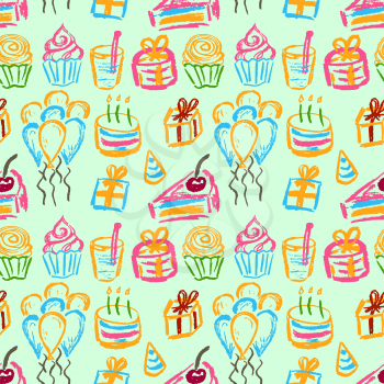 Cute stylish seamless pattern. Draw pictures, doodle. Beautiful and bright design. Interesting images for backgrounds, textiles, tapestries. Cake, balls Birthday
